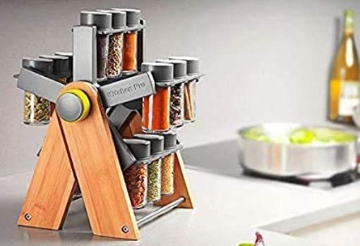 Picture of Multipurpose Revolving Rotating Wooden Wheel Spice Rack  kitchen set of 12 for spice container Rack