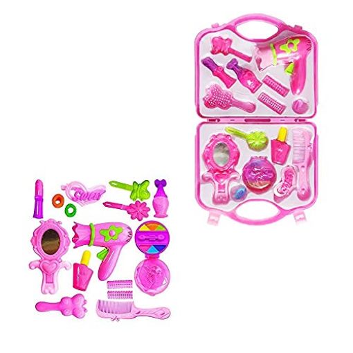 Picture of 15pcs Beauty Play Set Suitcase Pretend Play Toy Set Makeup Accessories Girl's Beauty Make Up Kit Toy Make-up Beauty Set with Hair Dresser & Accessories Toy for Girls