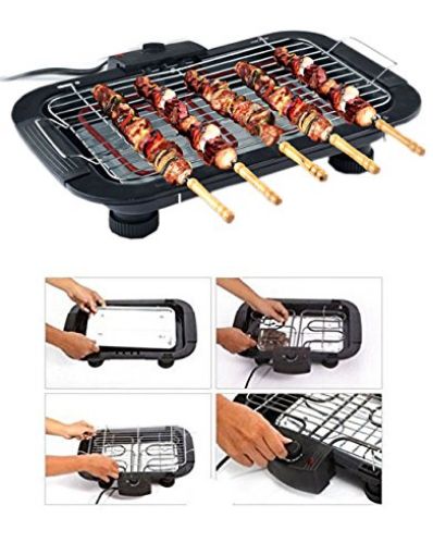 Picture of Portable Tabletop Grill Kitchen plastic BBQ Grills Adjustable Temperature Control Portable Electric Grill Electric Barbecue Smokeless Indoor and Outdoor Grill Barbeque Grill Outdoor with Wooden Handle BBQ Skewer