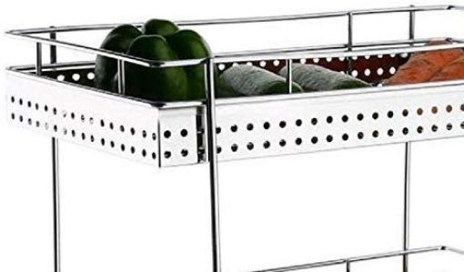 Picture of Stainless Steel 2 Layer Perforated Fruit and Vegetable Stand  Basket  Trolley  Modern Kitchen Storage Rack with Wheel (2 Layer Semi Perforated) Heavy Quality