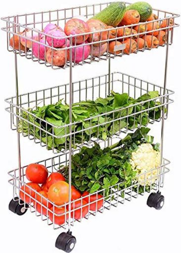 Picture of SS 3 Layer Trolley stainless steel fruit trolley 3 layer kitchen trolley fruit trolley basket with wheel 3 layer kitchen rack Vegetable Onion Trolley Vegetable Basket Vegetable Stand Rack Basket for Home