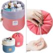 Picture of Cotton and Nylon Designed Bucket Barrel Shaped Waterproof Cosmetic Makeup Bag Round Shape Multifunctional Makeup pouch Unique Design Lazy Cosmetic Organizer pouch