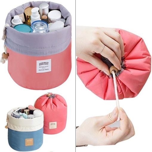 Picture of Cotton and Nylon Designed Bucket Barrel Shaped Waterproof Cosmetic Makeup Bag Round Shape Multifunctional Makeup pouch Unique Design Lazy Cosmetic Organizer pouch