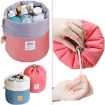 Picture of Cotton and Nylon Designed Bucket Barrel Shaped Waterproof Cosmetic Makeup Bag Round Shape Multifunctional Makeup pouch Unique Design Lazy Cosmetic Organizer pouch