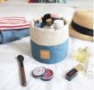 Picture of Cotton and Nylon Designed Bucket Barrel Shaped Waterproof Cosmetic Makeup Bag Round Shape Multifunctional Makeup pouch Unique Design Lazy Cosmetic Organizer pouch