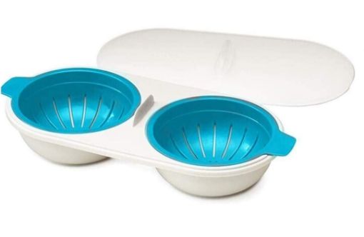Picture of Microwave Egg Poacher Double Cup Dual Cave Egg Cooker Egg Poaching Cups Silicone Microwave Steamer Kitchen Gadget