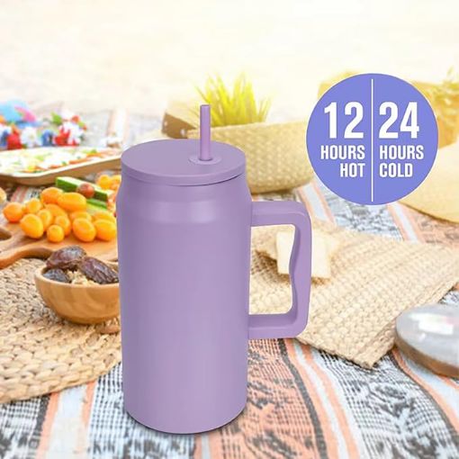 Picture of Mug with Handle and Straw (Lavender color) Thermos Mug Cup with Straw  Insulated Cup Stainless Steel Mug Insulated Cup with Straw  Mug with Handle  Mug