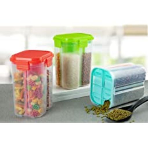 Picture of 4 Section Squre Food Contanier Storage Jar Air Tight Square Shape Transparent plastic lock Lid Storage Box for Food Plastic Dispenser Container(Transparent) Plastic Grocery Container