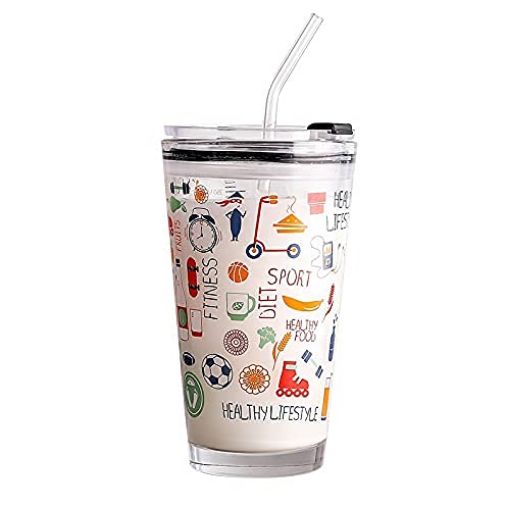 Picture of Mug  450ML Glass Cup Transparent Coffee Mug Tea Cup Travel Mug Print Milk Glass Cup Spill Proof Lid and StrawKids with Handle cup Juice Shakes Coffee Mug Glass