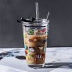 Picture of Mug  450ML Glass Cup Transparent Coffee Mug Tea Cup Travel Mug Print Milk Glass Cup Spill Proof Lid and StrawKids with Handle cup Juice Shakes Coffee Mug Glass