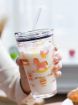 Picture of Mug  450ML Glass Cup Transparent Coffee Mug Tea Cup Travel Mug Print Milk Glass Cup Spill Proof Lid and StrawKids with Handle cup Juice Shakes Coffee Mug Glass