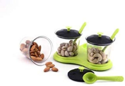 Picture of 3 pcs Dining Set Grecy Pickle Masala Storage Jar with Lids and Tray Holder Virgin Plastic BPA-Free for Dining Table 3 Pcs Set (Set of 1)