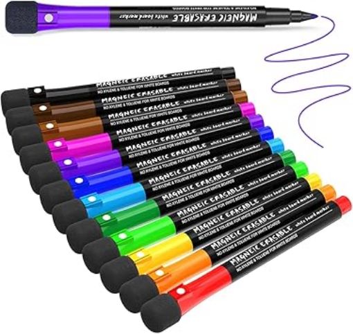 Picture of 12 PCS MARKER PEN Magnetic Dry Erase Marker Pen White Board Marker with Eraser Cap 12 Colors Erasable Whiteboard Marker