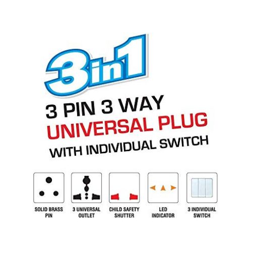 Picture of 3 PIN 3 Way Universal Conversion Plug with Individual Switch for Home and Official Use Universal Travel adapter multiplug With Individual switch multi socket Adapter With lED indicator Extension Spike Buster Fuse Protected