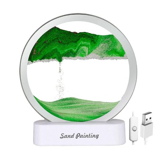 Picture of Moving Sand Art 3D Glass Deep Sea Round Blue Ocean Dynamic Sand Liquid Picture Frame Motion Display Relaxing Decorative Sandscape Lamp Desktop Painting Night Light
