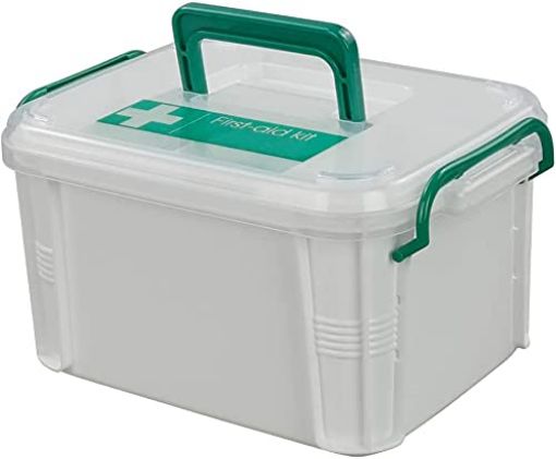 Picture of Plastic Portable Emergency Medical Kit Medicine Organizer Storage Container First Aid Box with Locking Lid & Carry Handle for Home Camping Travel Family Medicine Box