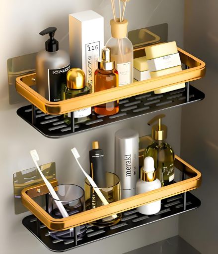 Picture of Aluminum Shower Caddy Shelf (Golden) Wall Mounted Adhesive Shower Caddy Shelf  Bathroom Rack