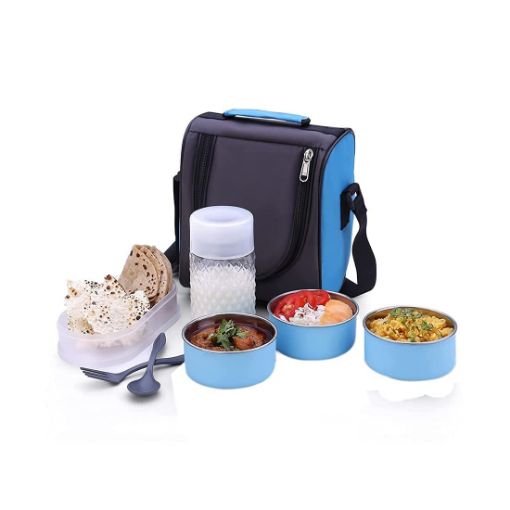 Picture of Stainless Steel 3 Container, 1 Plastic Casseroles and Plastic Bottle Lunch Box Tiffin Set with Bag