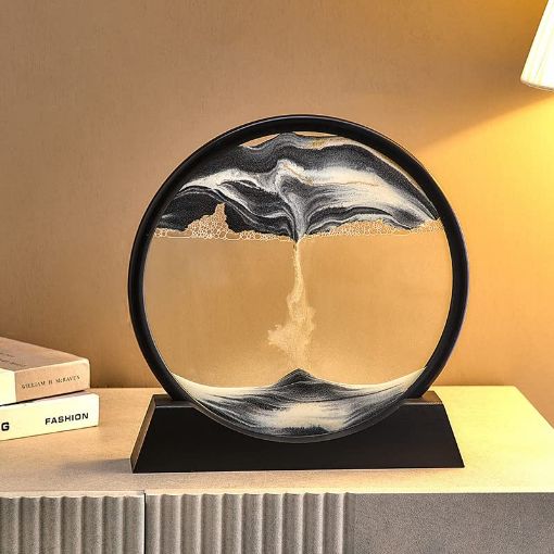 Picture of BLACK Mobile Hourglass Art 3D Natural Landscape Sand Painting Moving Sand Art Picture Decor Round Glass Frame Display Flowing Sand Relaxing