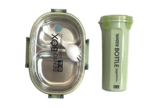 Picture of 2 SECTION Stainless Steel 2 Compartment Lunch Box with Water Bottle 2 PARTION LUNCH BOX