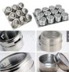 Picture of spice rack Magnetic Spice Tins Set, Stainless Steel Round Storage Containers Sift and Pour Great for Salt Pepper Herbs or Seasonings