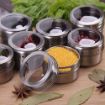Picture of spice rack Magnetic Spice Tins Set, Stainless Steel Round Storage Containers Sift and Pour Great for Salt Pepper Herbs or Seasonings