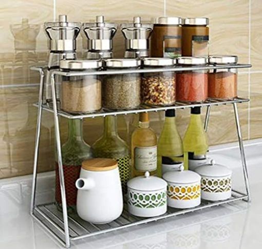Picture of SS 2 Layer Bathroom Self With Box Stainless Steel bathroom shelves Wall Mounted Kitchen Rack Double layer Trolley Container 2 layer kitchen rack Multipurpose Storage Shelf Bathroom accessories Masala