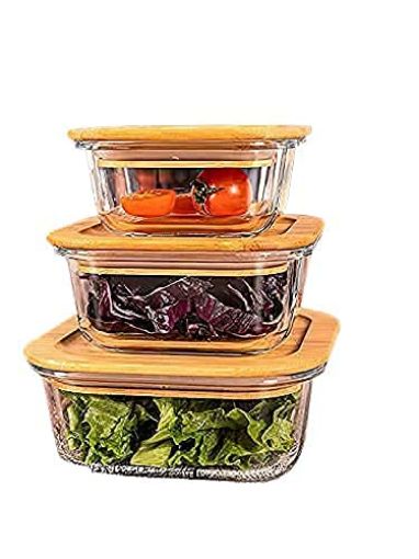 Picture of Rectangular Glass Food Storage Containers LUNCH BOX WOODEN LID RECTANGLE