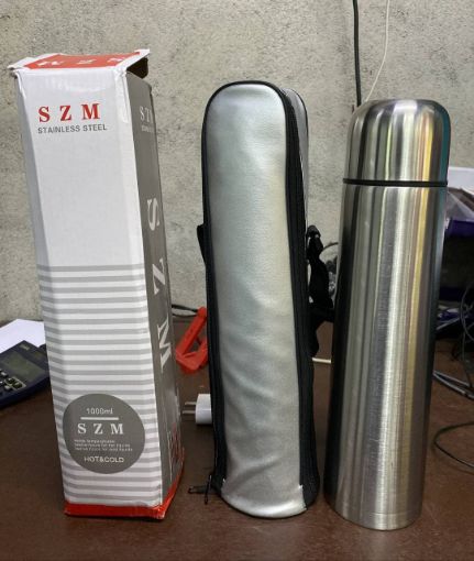 Picture of GREEN KIWI Stainless Steel 1 Litre Vacuum Bullet Design Flask Bottle with Bag Stainless Steel Bottle with Thermal Jacket