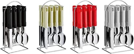 Picture of Spoon Stand with Spoon Set for Dining Table with -24 Piece Stainless Steel with Plastic Cutlery Set- Dinner Spoons Dinner Knives Tea Spoons Dinner Forks