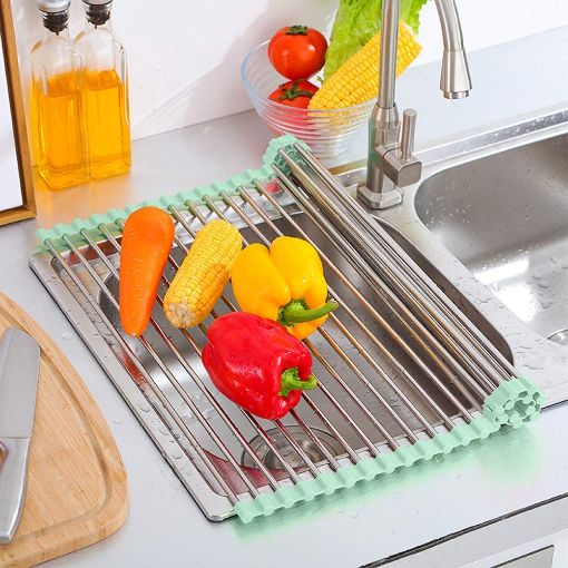 Picture of DISH DRAIN Foldable Drain Rack Kitchen Sink Shelf Stainless Steel Multifunction Roll Up Dish Drying Folding Wash Drainer TraySteel Roll-Up Crockery Vegetable Utensils Rack