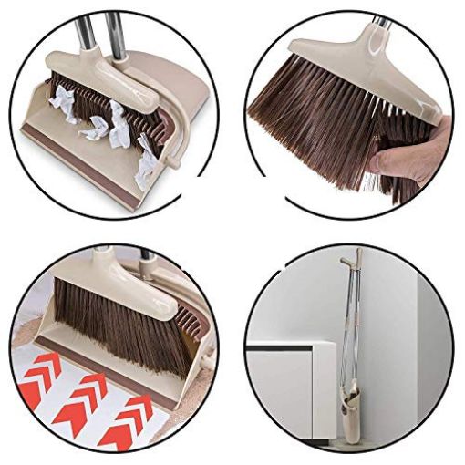 Picture of Fiber and Steel Long Handle Rotatable Self Cleaning Broom and Dust Pan with Long Handle Standing Upright Grips Sweep Set with Lobby Broom Combo Set