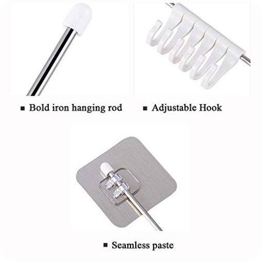 Picture of Plastic Sticky Hook & Stainless Steel Hook Rail Wall Hanging 6 Hook Rack for Kitchen Bathroom - 6 Hooks